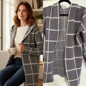 Sioni Hooded Cardigan Medium Gray Windowpane Plaid Open Front Sweater